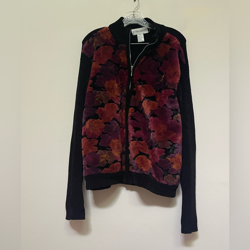 Victoria Harbour Black Floral Sweater Full Zip Up  Orange Faux Fur Print